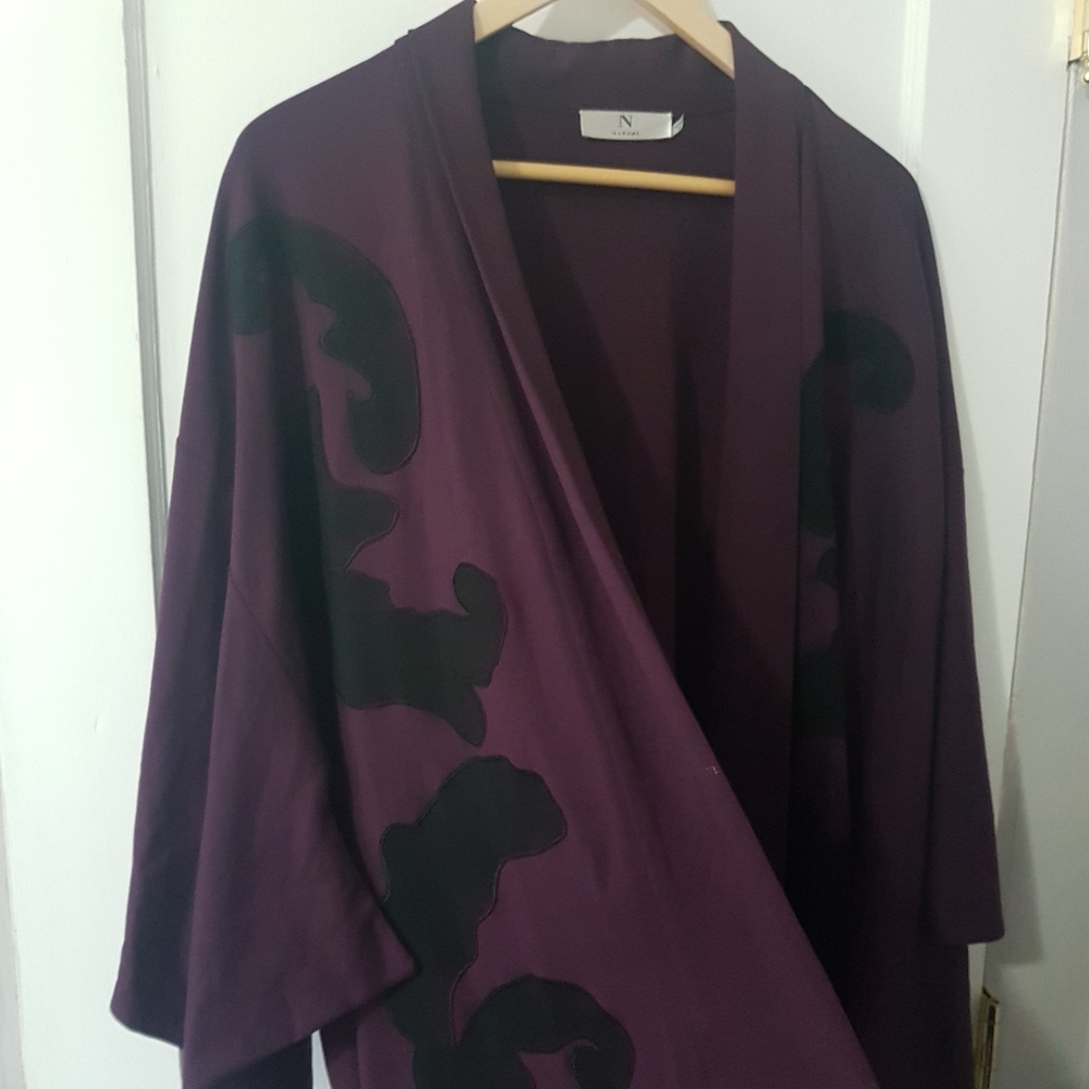 Natori Open Front Appliqued Kimono Cardigan Purple Sz XL